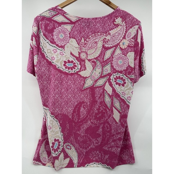 JM Collection Top XL Cute Floral Stretch Knit Short Sleeve Shirt Blouse Pink - Picture 5 of 8